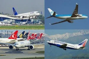 Boeing 757 Air Astana, Airbus A330 KLM, Boeing 777 Turkish Airlines, Boeing 737 Transaero